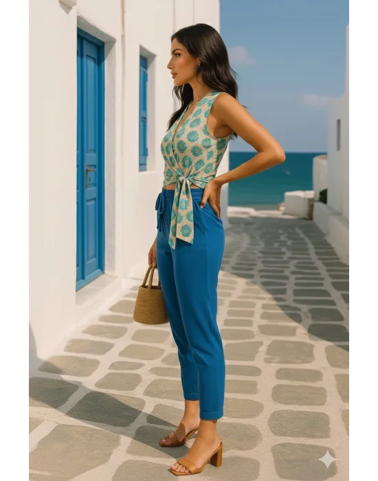 Alaçatı İki Renkli Keten Pantolon Takım