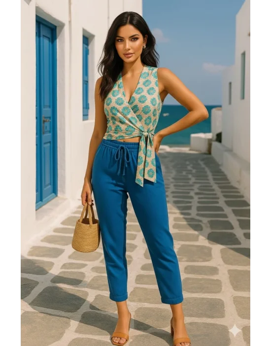 Alaçatı İki Renkli Keten Pantolon Takım