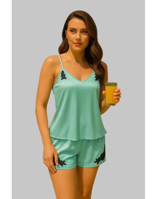 Alba İhtal Saten Gecelik Takım Aplik Detay