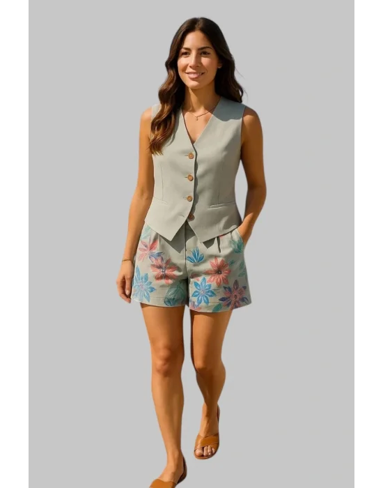 Alina İthal Keten Şortlu İkili Takım Tasarım