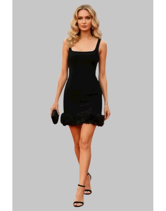 Amelia Şık Sırtı Açık Kare Yaka Kolsuz Fırfır Etekli Tasarım Elbise