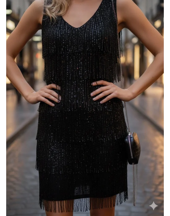 Barbara İthal Püskül Pul Payet Midi Elbise Tasarım S 2026