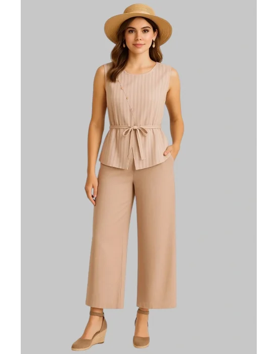 Bentley İthal Keten Çizgi Kombin Boncuk İşlemeli İkili Pantolon Tasarım Takım