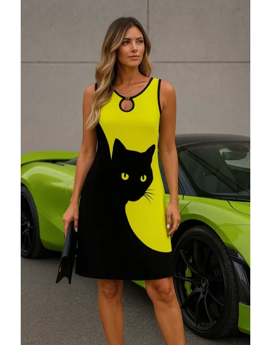 Beti 3D Kedi Baskılı Kolsuz, O Halkalı Yaka Detayıyla Rahat Tarz Elbise
