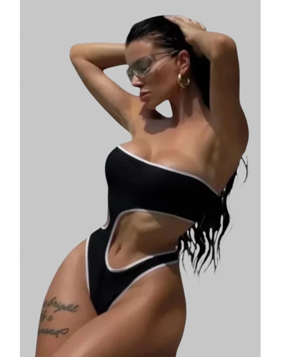 Bodrum Siyah & Beyaz Kontrast Askılar Şık Kadın Asimetrik Mayo