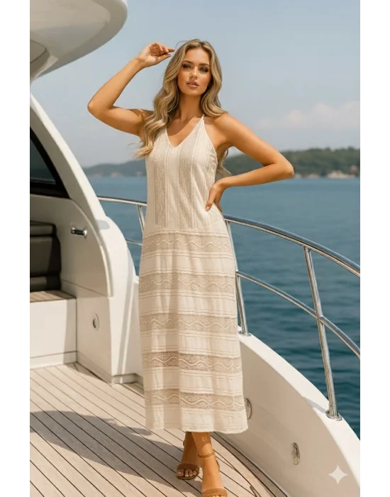 Camila İthal Dantel V Yaka Elbise