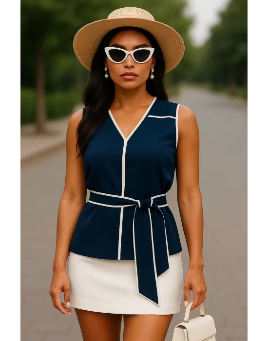 Cristina Biye Detay İthal Krep Lacivert Bluz