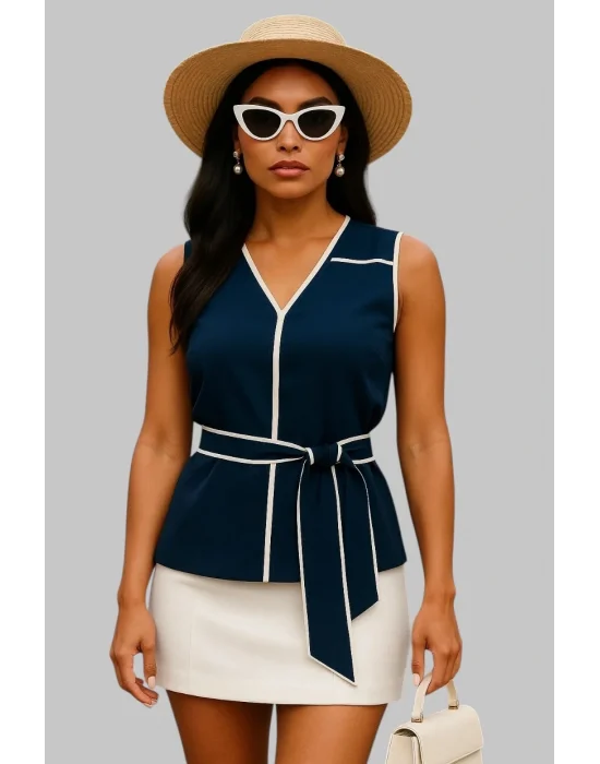 Cristina Biye Detay İthal Krep Lacivert Bluz