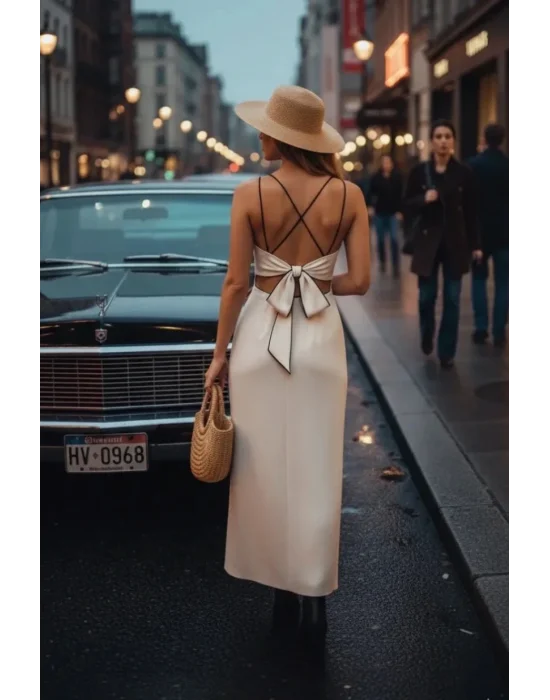 Dora Beyaz Askılı Sırt Bağlama Detay Uzun Yırtmaçlı Örme Likralı Elbise Tasarım W 2026