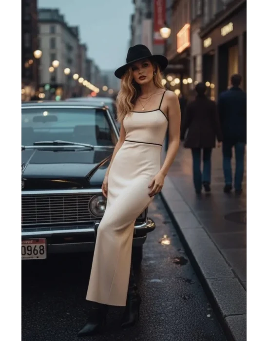 Dora Beyaz Askılı Sırt Bağlama Detay Uzun Yırtmaçlı Örme Likralı Elbise Tasarım W 2026