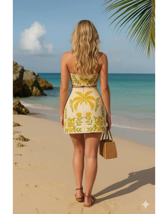 Düşük Bel Yazlık Şort Tropikal Bitki Ve Hindistan Cevizi Ağacı Baskılı Tatil Seti