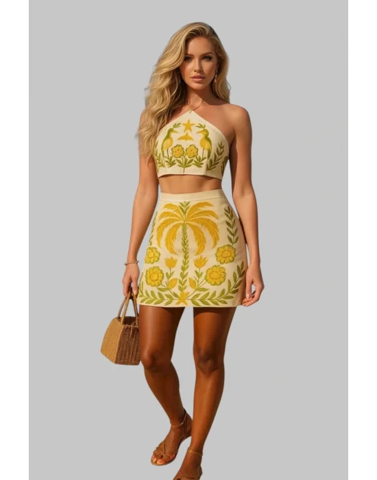 Düşük Bel Yazlık Şort Tropikal Bitki Ve Hindistan Cevizi Ağacı Baskılı Tatil Seti