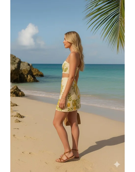 Düşük Bel Yazlık Şort Tropikal Bitki Ve Hindistan Cevizi Ağacı Baskılı Tatil Seti