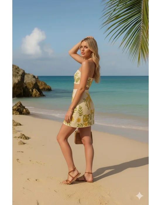 Düşük Bel Yazlık Şort Tropikal Bitki Ve Hindistan Cevizi Ağacı Baskılı Tatil Seti