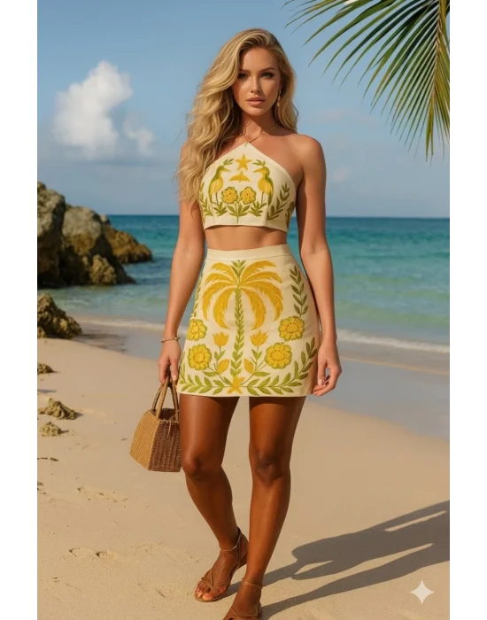 Düşük Bel Yazlık Şort Tropikal Bitki Ve Hindistan Cevizi Ağacı Baskılı Tatil Seti