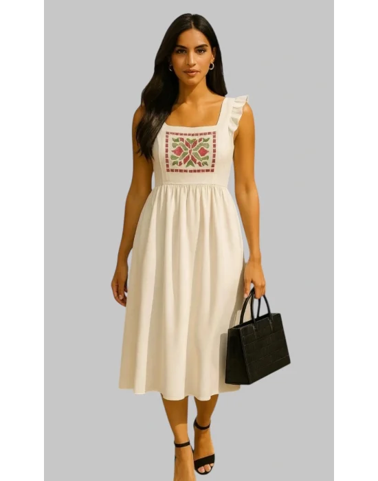 Ekaterina Kolsuz Fırfırlı Nakış Detay Koton Elbise