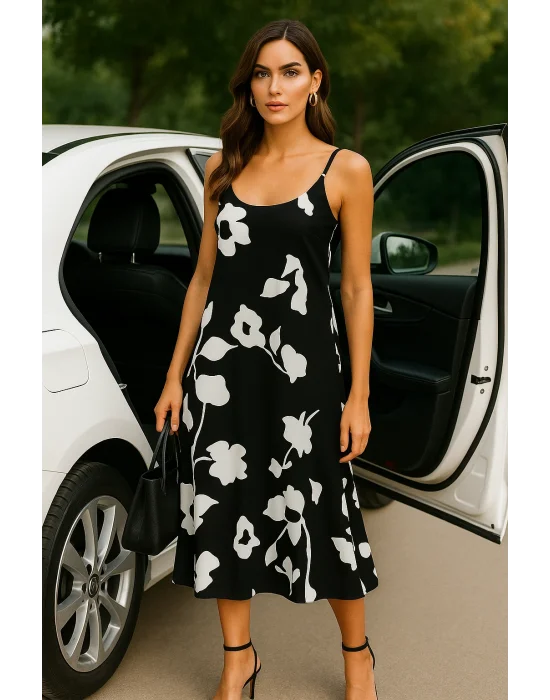 Flower Çiçek Desen Askılı İthal Saten Elbise