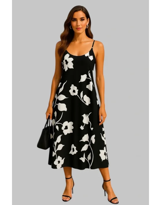 Flower Çiçek Desen Askılı İthal Saten Tasarım Elbise