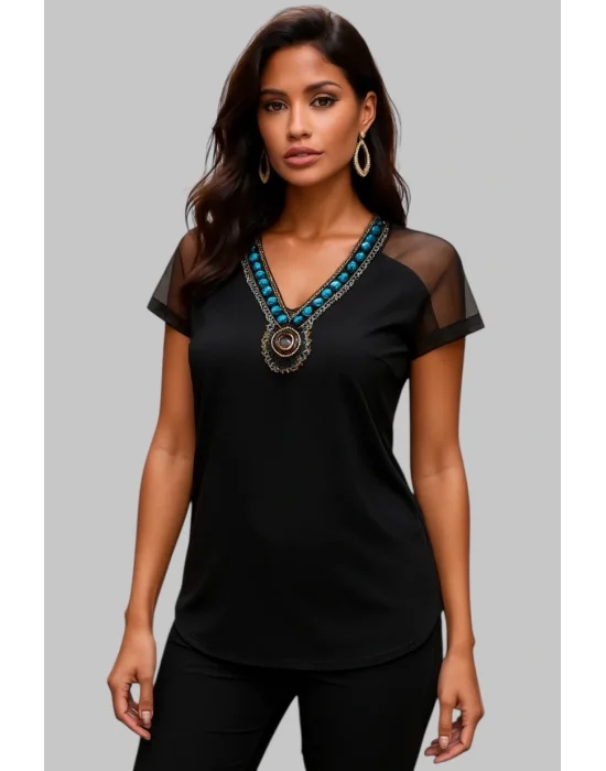 Frederika İhtal Yaka Detay Omuz Tül Kaplama İhtal Krep Bluz