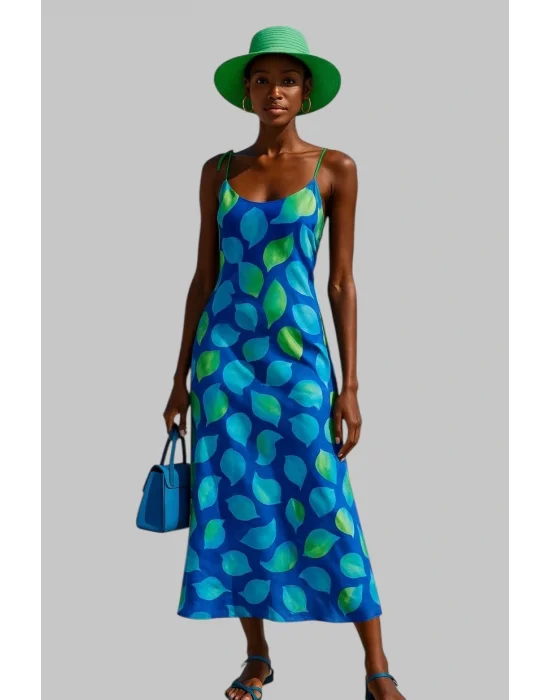 Georgina İthal Saten Omuz Bağcık Detay Midi Tasarım Elbise