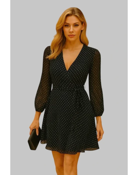 Gginna Kruvaze Puantiye Şifon Elbise