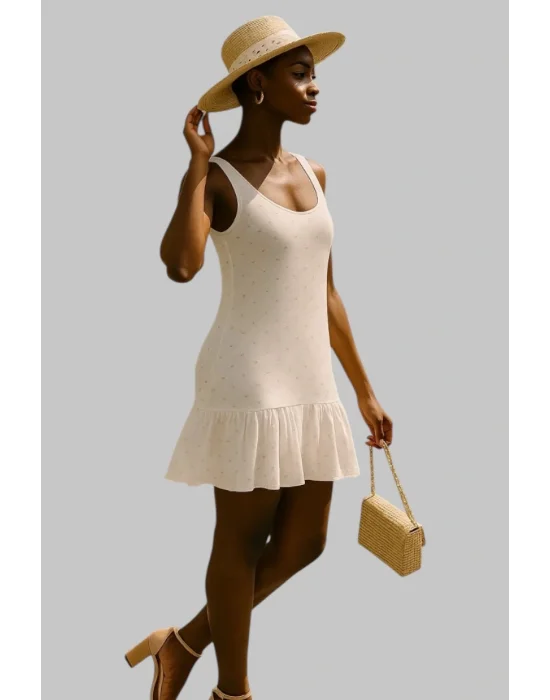 Gigi Örme penye kumaş yakma baskı detay beyaz renkli kolsuz astarlı Elbise