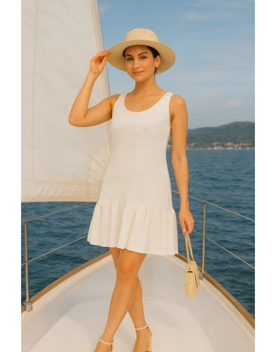 Gigi Örme penye kumaş yakma baskı detay beyaz renkli kolsuz astarlı Elbise