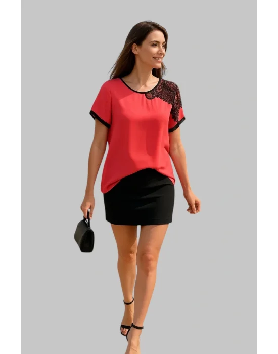 Gina Omuz Dantel Detay İthal Şifon Bluz