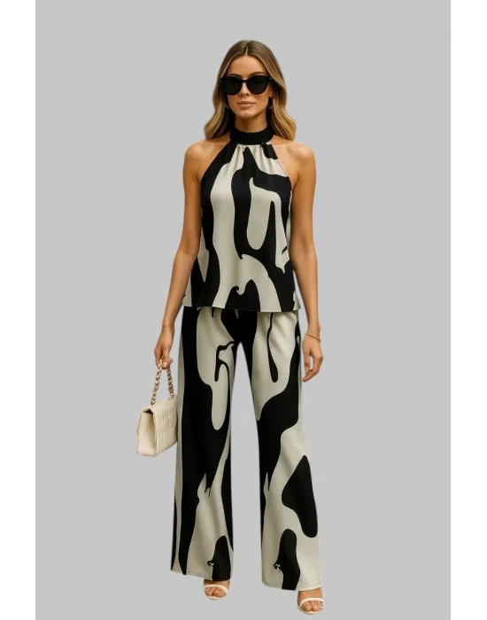 Gloria Şık ve Zarif Tatil Baskılı Bağcıklı Yeleksiz Uzun Pantolon