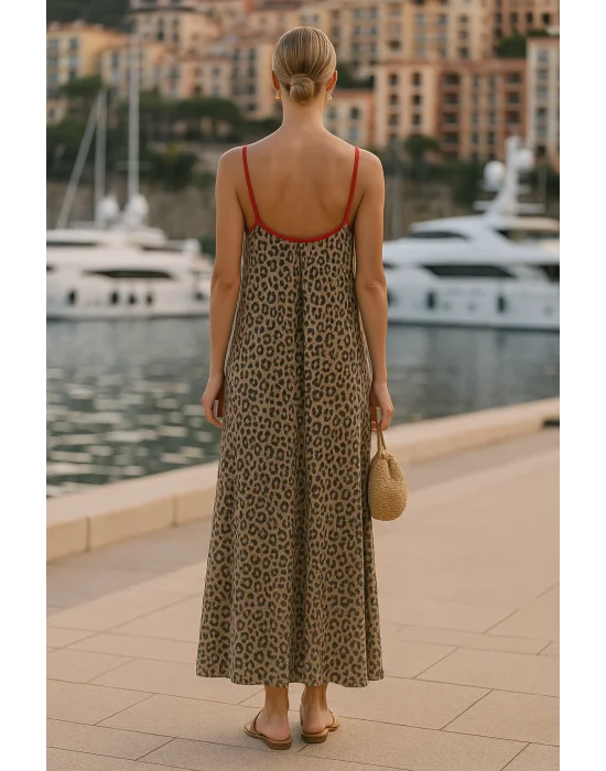 İsabel Leopar Örme Askılı Şifon Elbise