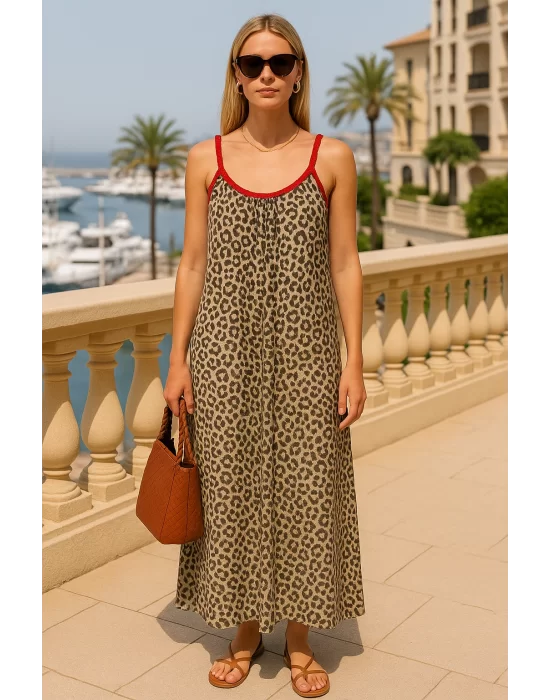 İsabel Leopar Örme Askılı Şifon Elbise