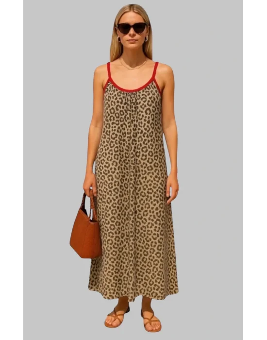 İsabel Leopar Örme Askılı Şifon Elbise