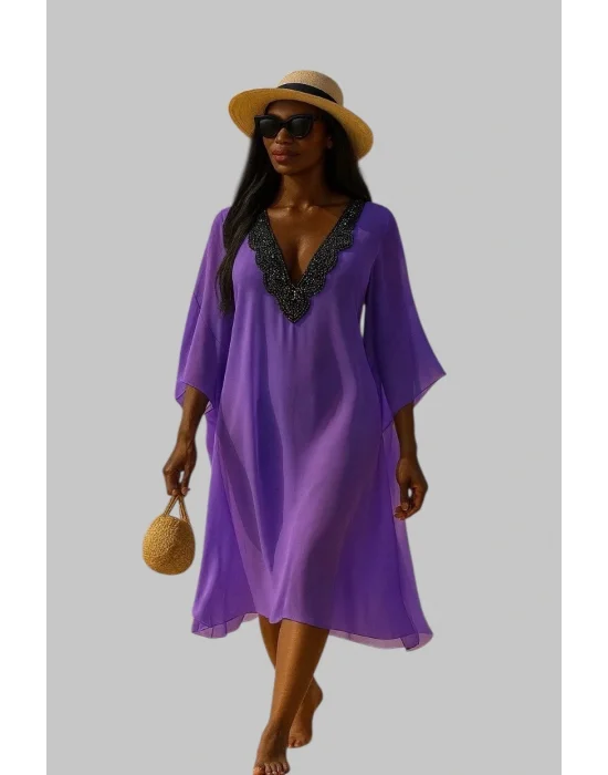 İsland İthal Yaka Detay Plaj Elbisesi Tasarım