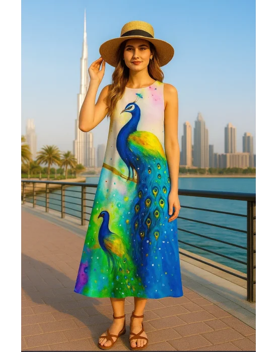 Lara Tavuskuşu Desenli Yaka Detaylı Elbiseler, Bahar ve Yaz İçin Rahat Kısa Kollu Elbise, Kadın Giyim