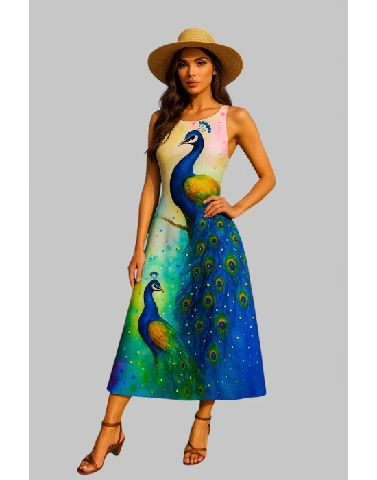 Lara Tavuskuşu Desenli Yaka Detaylı Elbiseler, Bahar ve Yaz İçin Rahat Kısa Kollu Elbise, Kadın Giyim