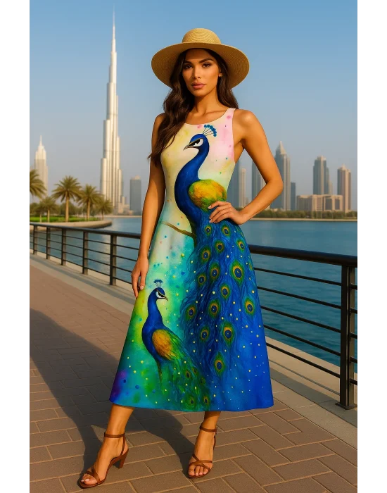 Lara Tavuskuşu Desenli Yaka Detaylı Elbiseler, Bahar ve Yaz İçin Rahat Kısa Kollu Elbise, Kadın Giyim