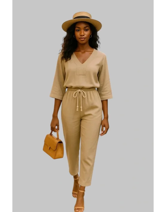 Leda Melanj kahve keten ikili takım beli lastikli çıt cepli dirsek kollu ve yaka salaş bol kesim