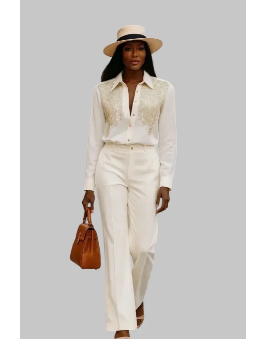 Lenora İthal Krep Taş Baskı Detay Tasarım Gömlek