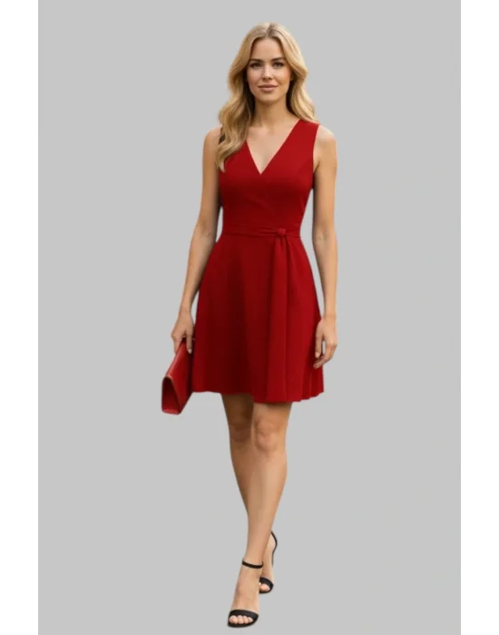 Leone Kırmızı Kuşak Detay Kruvaze Elbise