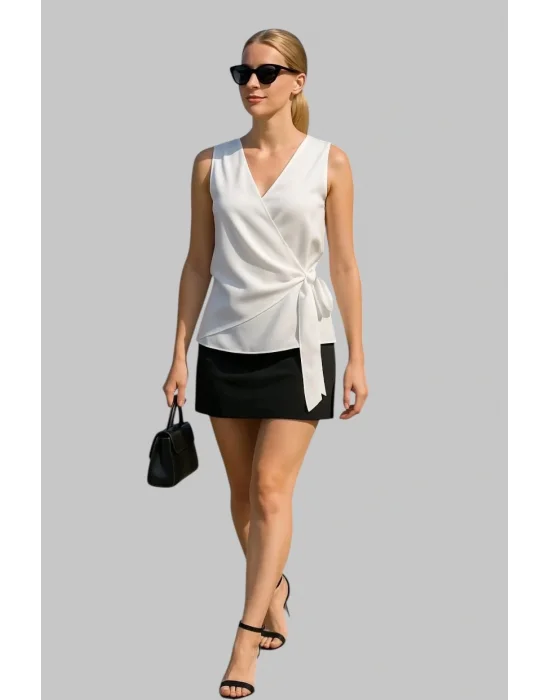 Lisa Kruvaze Bağlama Detay Krep Saten Bluz