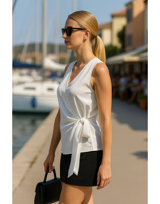 Lisa Kruvaze Bağlama Detay Krep Saten Bluz