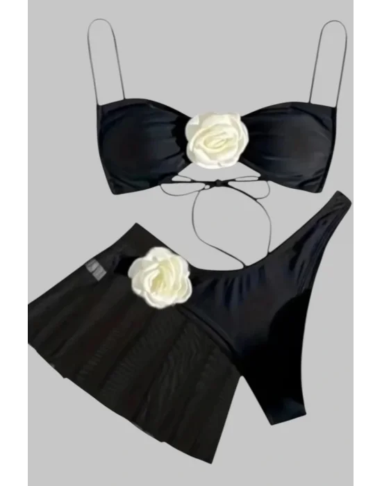 Lora 3D Desenli İtalyan Bağcıklı 3 Parça Şık Sırtı Açık Mayo