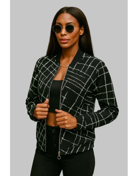Lora Siyah Beyaz Fermuarlı Bomber Ceket