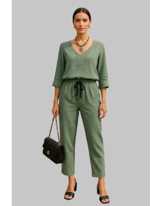 Lorensa Yeşil Ornanik İkili Pantolon Keten Takım Tasarım