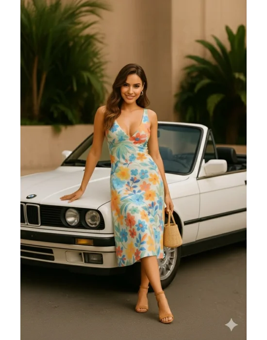 Madrid Desenli Keten Elbise Trend