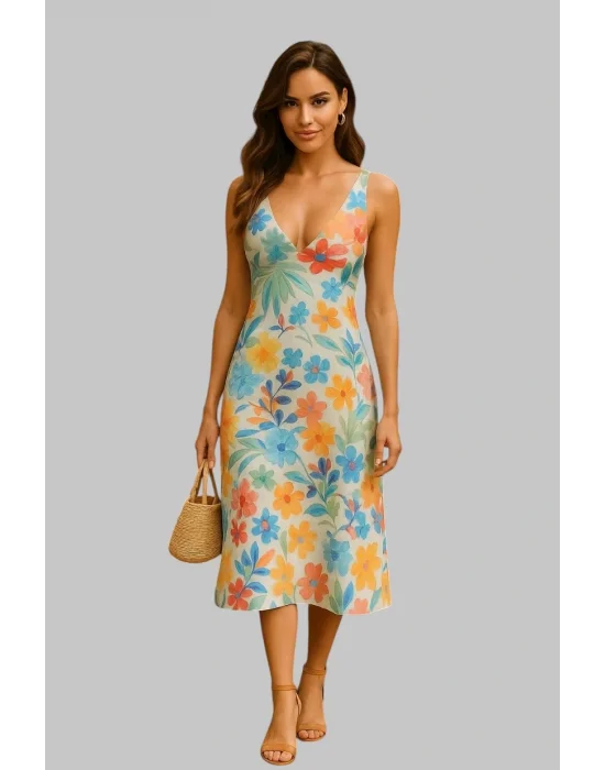 Madrid Desenli Keten Elbise Trend