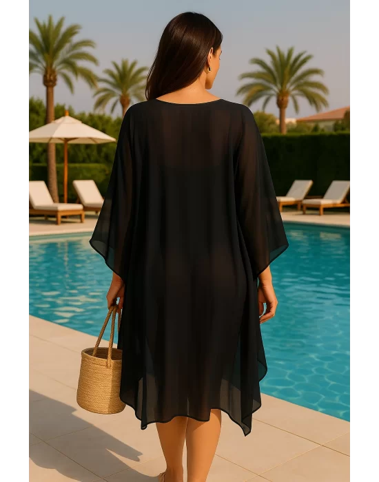 Meralda İhtal Yaka İşlemeli Standart Beden Şifon Kimono