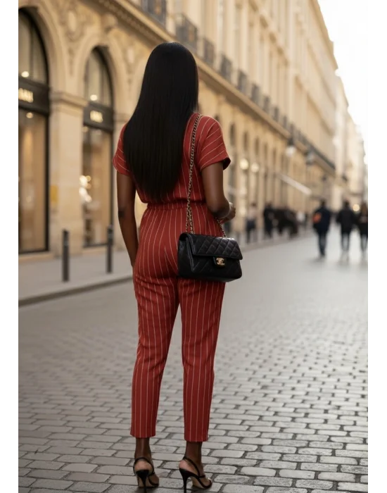 Moli Kırmızı Patuk Keten Pantolon İkili Takım