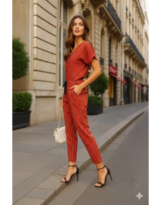 Moli Kırmızı Patuk Keten Pantolon İkili Takım