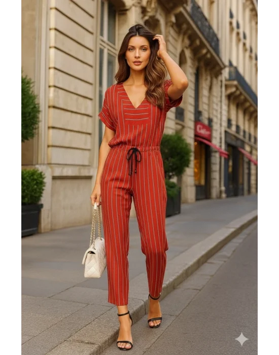 Moli Kırmızı Patuk Keten Pantolon İkili Takım